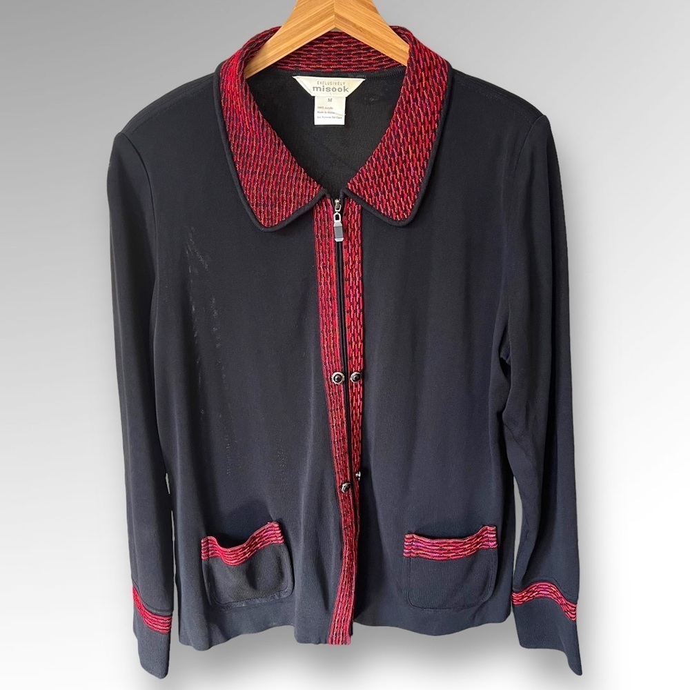 Misook Black Red Trim Zip Front Sweater Cardigan Jacket Womens Size M